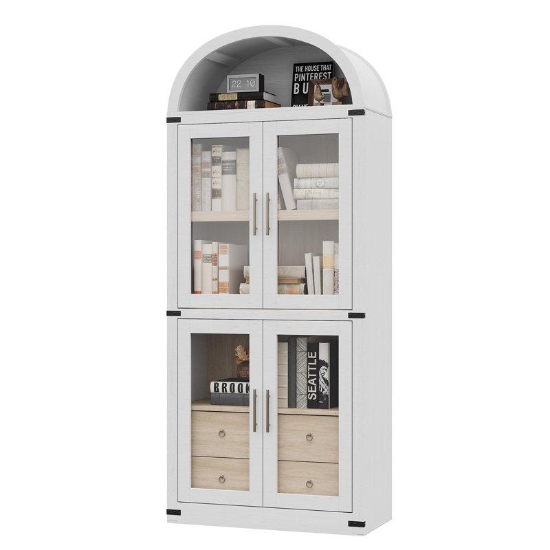 71.7 Inch Tall Arched Bookcase, Glass Door Arched Cabinet with 2 Inner Drawers, Freestanding Arched Display Storage Cabinet