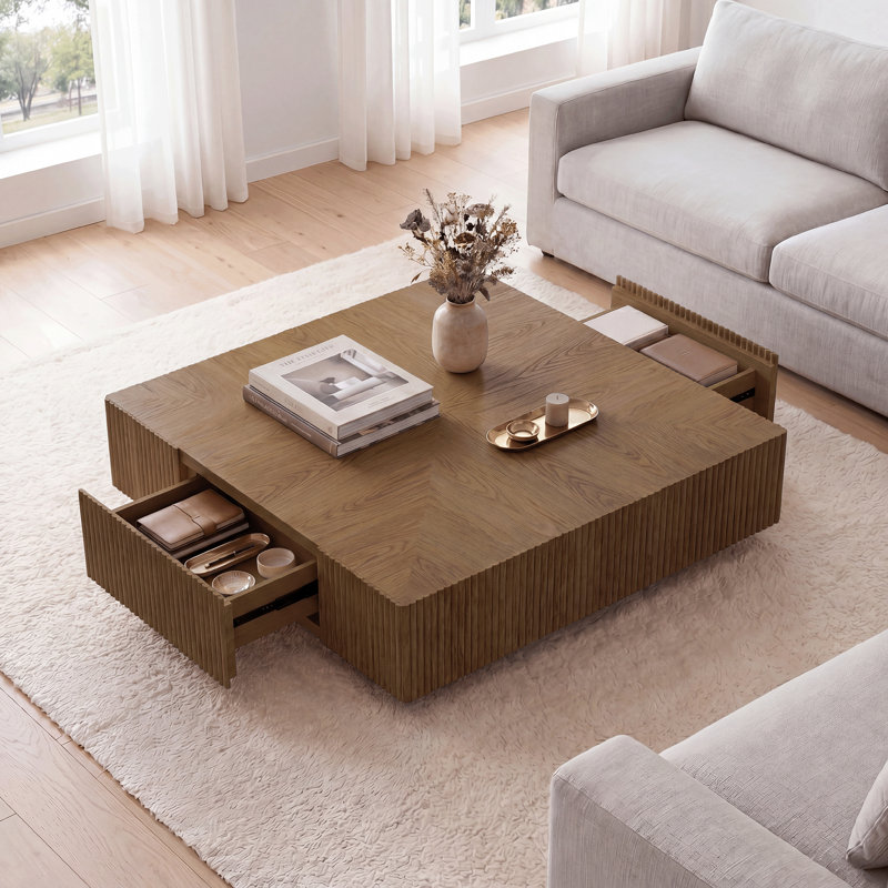 Table basse 31,5 pouces carrée en bois massif avec 2 tiroirs, frêne et chêne fabriqués à la main, Brun