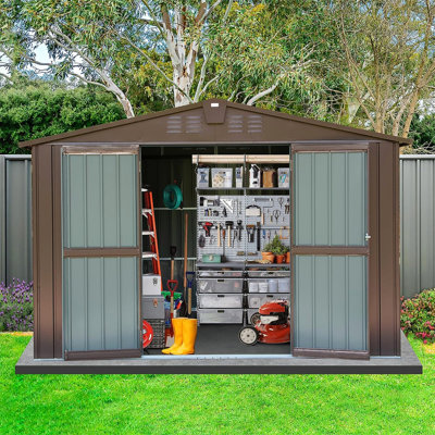 10'x8' Metal Tool Shed - Windproof, Waterproof Double Lockable Door Brown For Garden, Lawn Storage Outdoor House Metal, Rustproof Door, Lawn, Garden