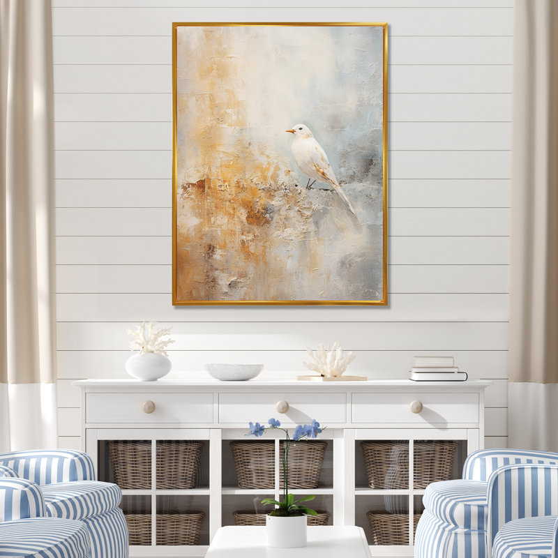 Goéland beige sur une impression sur toile, Cadre flottant doré, H 20 po x l 12 po x P 1 po