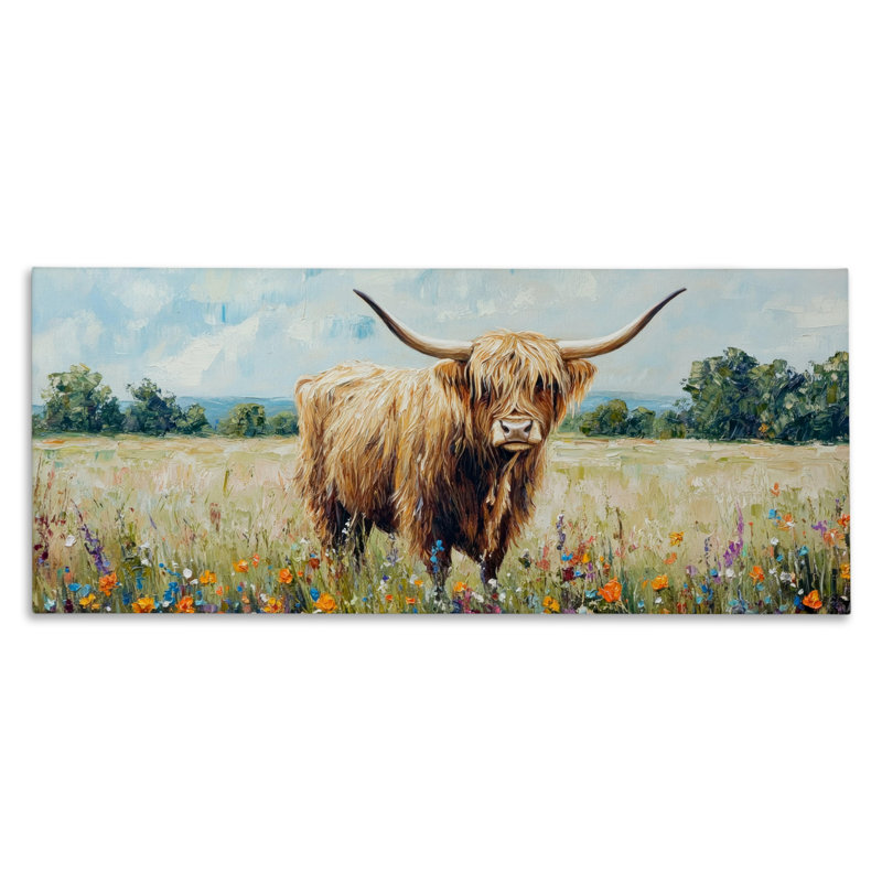 Toile Highland Cow Meadow, conception de Petal Prints Design, H 20 po x l 48 po