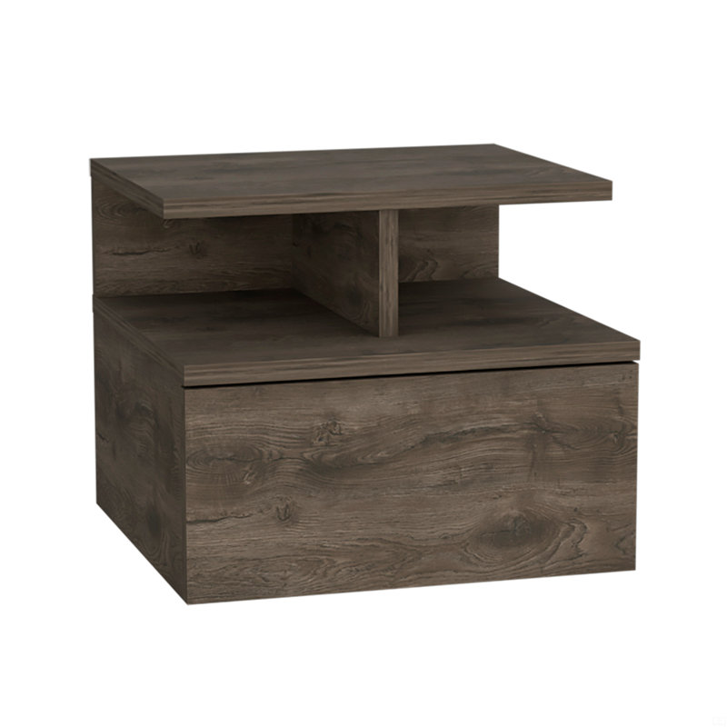 Table de chevet flottante avec tiroir et tablettes de rangement ouvertes, Brun