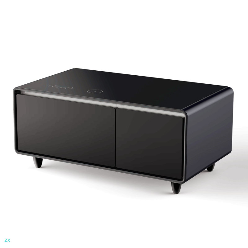 Table basse moderne et intelligente avec réfrigérateur intégré, haut-parleur à dents, chargement sans fil, panneau de commande tactile, USB, protection des prises, atmosphère