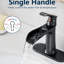 Robinet de lavabo de salle de bain avec cascade, fixation sur le comptoir, un trou, bonde escamotable et lignes d'alimentation, robinet d'eau froide, bonde, lignes, poignée, noir mat, forme géométrique