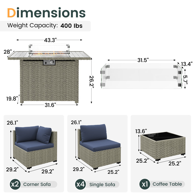 Outdoor Wicker 8-Piece Sectional Sofa Set With Comfortable Cushions, Navy