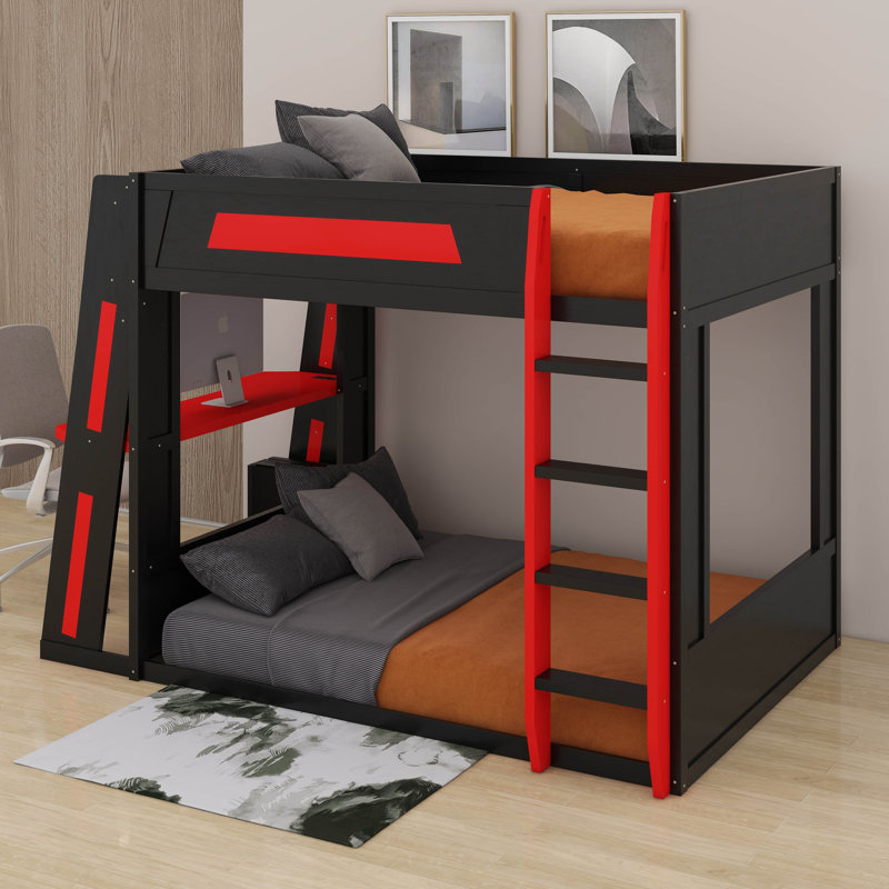 Grand lit superposé en bois avec bureau, deux tablettes de rangement, USB et lumière DEL, Grand lit, Noir / Rouge