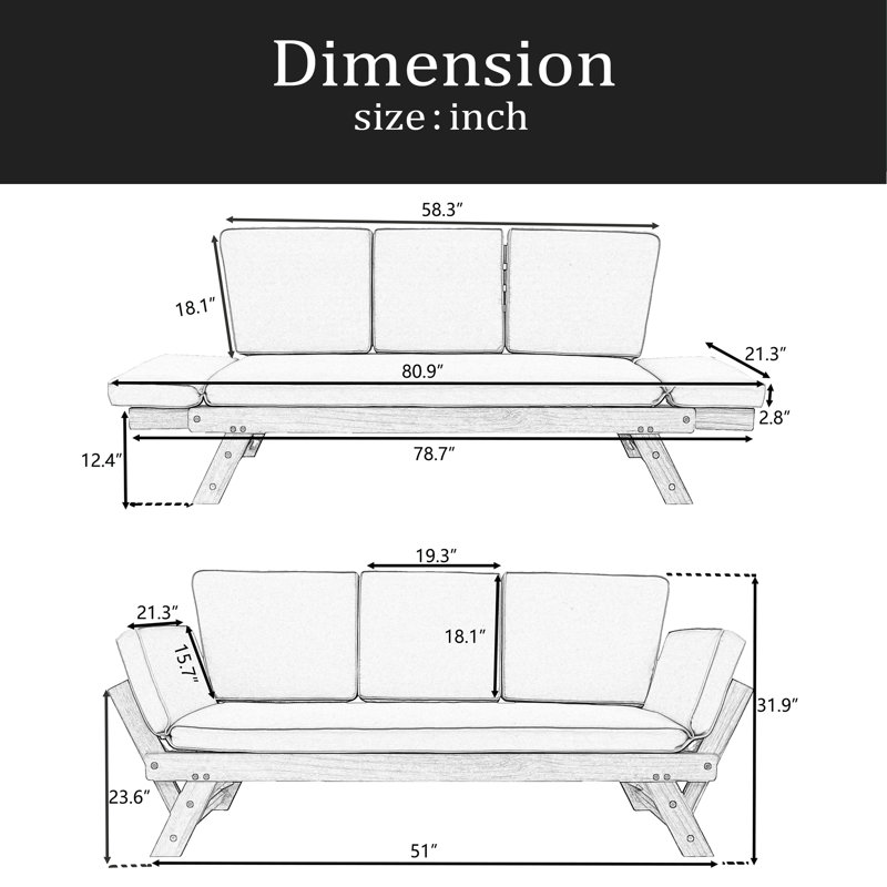 Outdoor Adjustable Patio Wooden Daybed Sofa Chaise Lounge With Cushions For Small Places, Brown, Gray