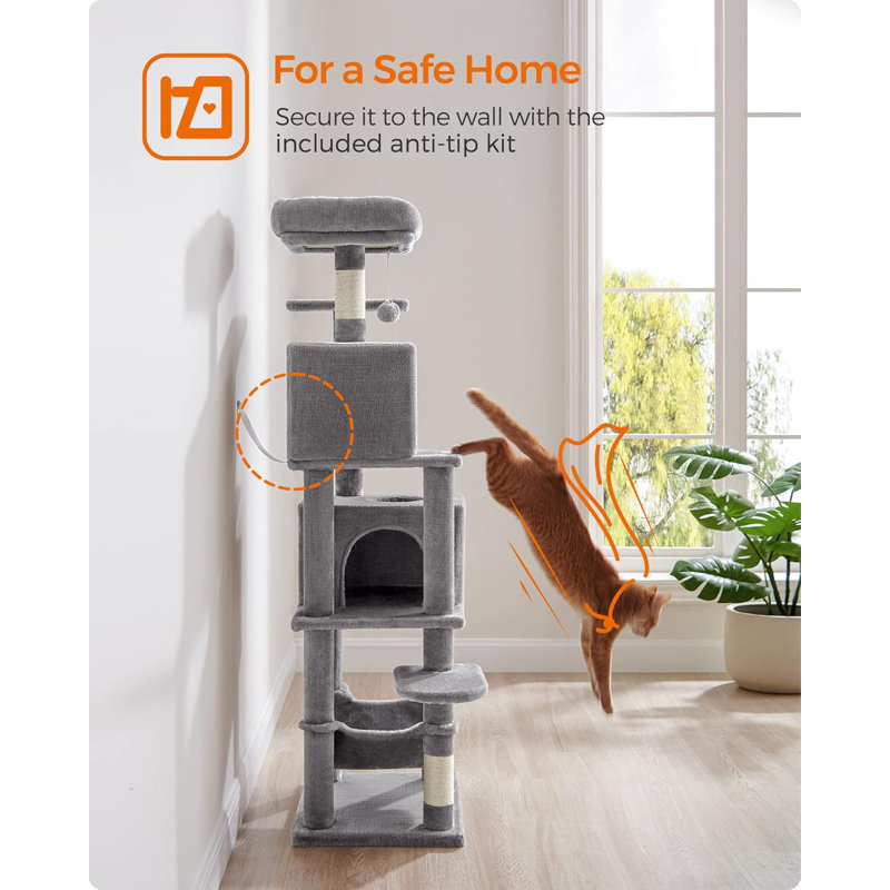 Tour pour chat de 61 pouces pour chats d'intérieur, maisonnette pelucheuse à 5 niveaux avec 5 poteaux à griffer, Gris clair