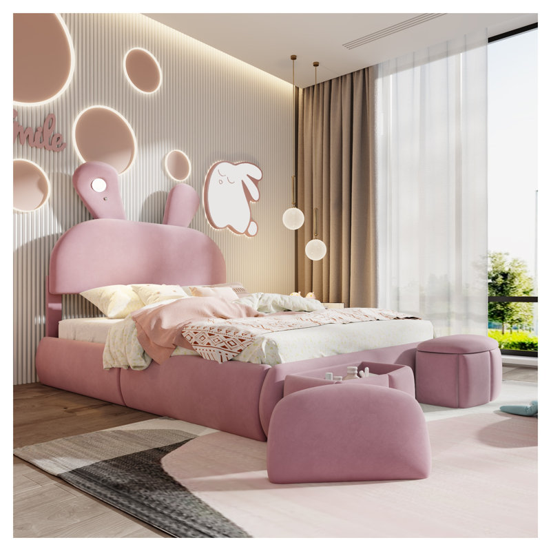 Lit plateforme tapissier rose avec tête de lit à oreilles de lapin, lampe de lecture à DEL intégrée et tabourets de rangement