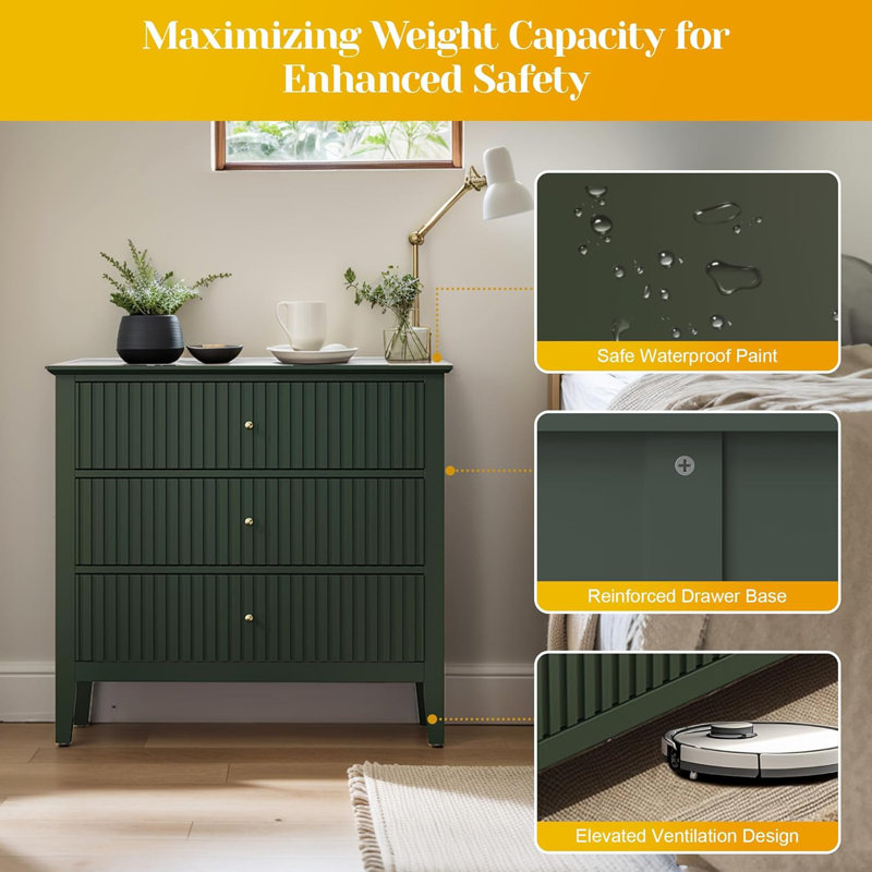 green three drawer dresser SHANXIQIANNA Large Fluted 3 Set of 2, Chest of Drawers with Ball Bearing Slide dark green chest of drawers