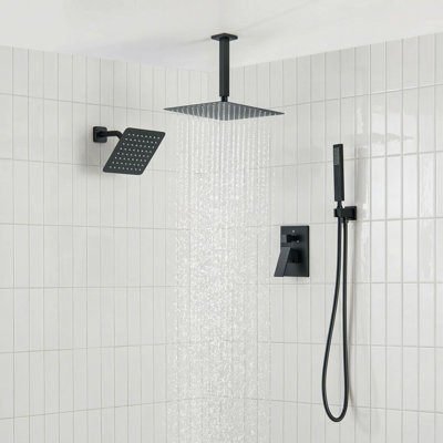 Ensemble complet de robinetterie de douche Cube à 3 fonctions avec pression équilibrée, comprenant un support mural, un support de plafond et une douchette.