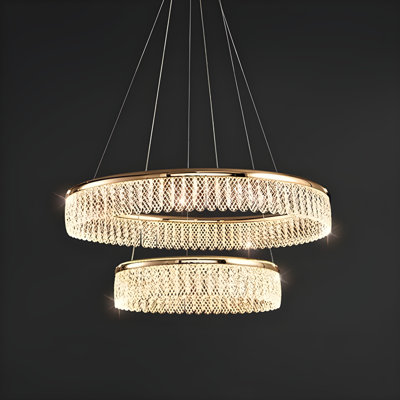 Beneta 2 Modern 2-Tier Round LED Crystal Chandelier – Adjustable Golden Ceiling Light with Rings