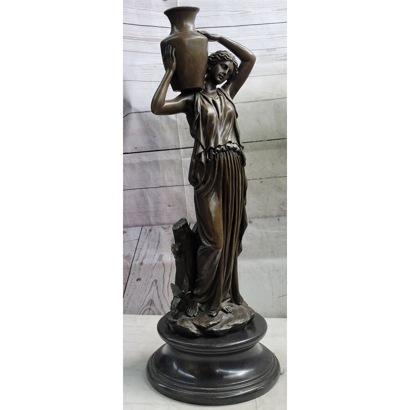 Bronze Greek Roman Woman Carrying Jug Statue with Marble Base