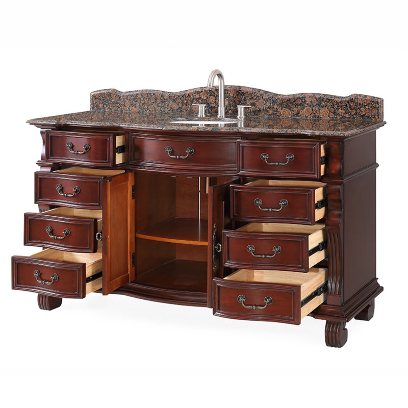 Meuble-lavabo de salle de bain en cerisier de style antique 60 po avec plateau brun baltique Benton Collection, Marbre brun