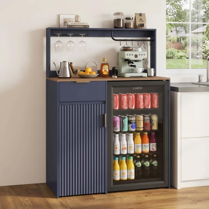 Multifunctional Refrigerator Cabinet with Adjustable Shelves, Built-in Wine Glass Rack, and Storage Drawer, Space-Saving Side Unit for Kitchen, Dining Room, and Living Area, Fits Next to Upright Freezers and Compact Refrigerators, Blue