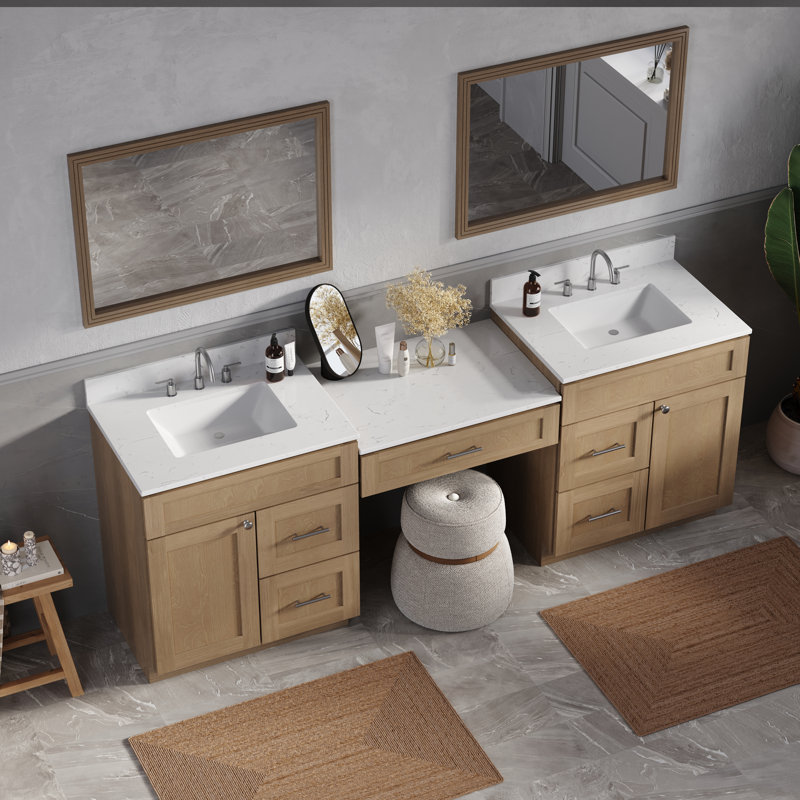 91'' Double Bathroom Vanity with Quartz Top, Natural Oak