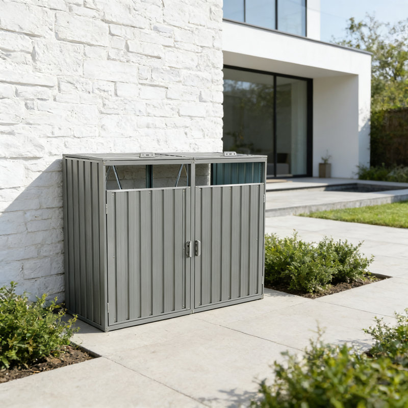 Metal Outdoor Garbage Bin Shed Stores Two Trash Cans With Ventilation, Lockable Doors, And Rust-Resistant Galvanized Steel Construction.