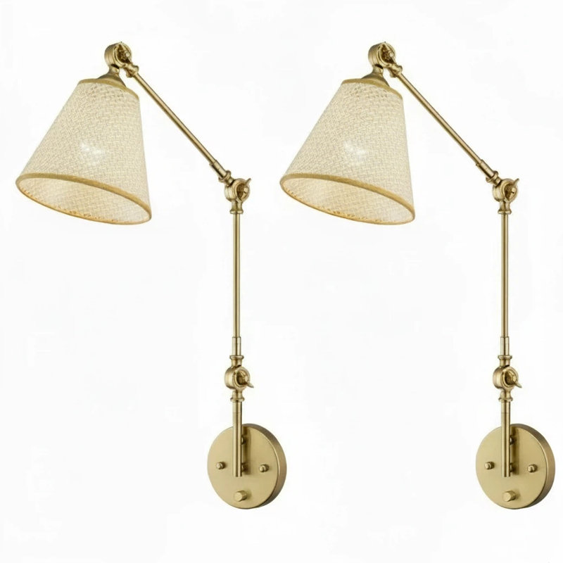 Set Of 2 Wall Sconce Swiming Arm Light With Rattan Lampshade Dimbble Wall Light For Bedroom Office Living Room