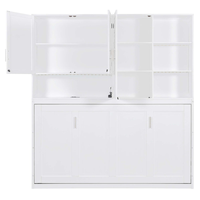 Twin Murphy Bed Cabinet With Lights Bookcase And Power Outlets, White