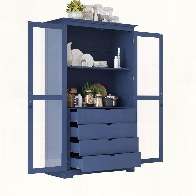 75 garde-manger avec portes en verre et 4 tiroirs, Bleu