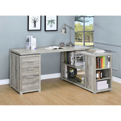 Bureau d'ordinateur gris en bois de grève en forme de L pour bureau à domicile avec finition vieillie et cinq options de rangement