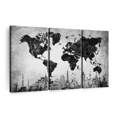 «Charcoal Black World Map», reproduction sur toile