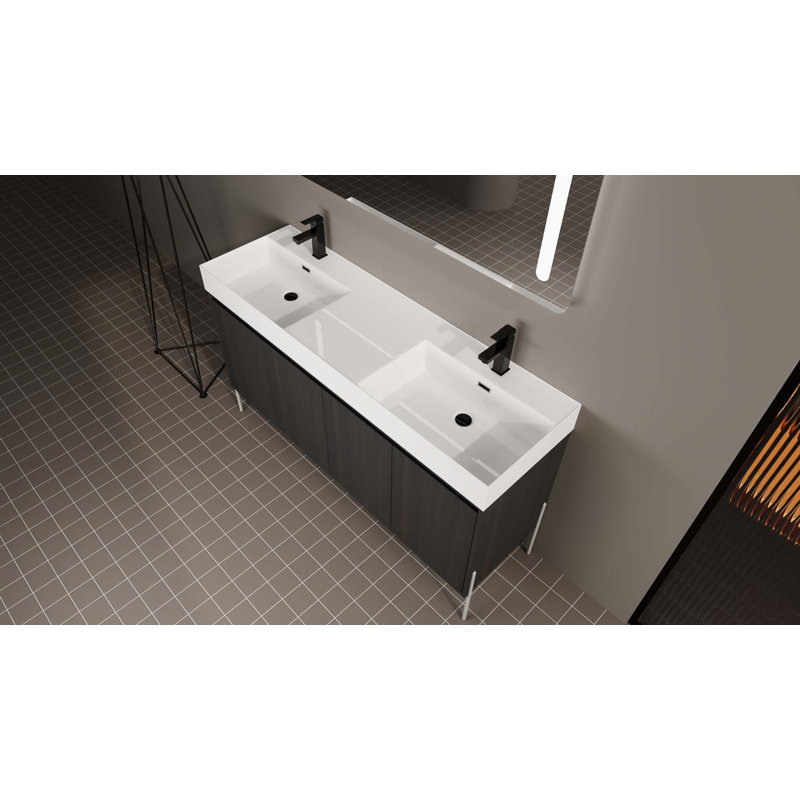 Meuble-lavabo autoportant avec lavabo double en résine, armoire de rangement avec portes à fermeture douce