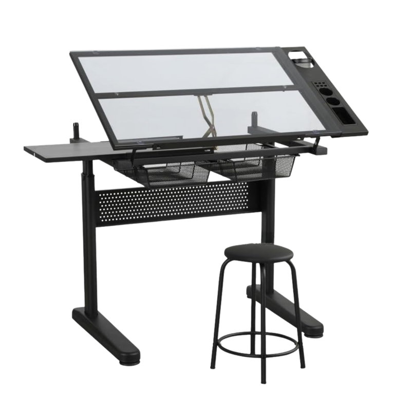 Adjustable Drafting Table – Black, Glass & Metal, Crank Height & Tilt, Storage Drawers