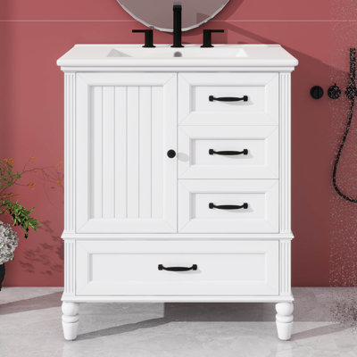 Armoire de salle de bain 30 po avec lavabo, trois tiroirs, 1 porte, pieds en bois massif, panneau de fibres à densité moyenne et patins réglables