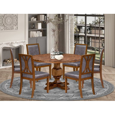 B79A17B2232A4988A9E917FF1F3B106F 7-Piece Dinette Set Includes a Round Table & 6 Polyester Chairs, Antique Walnut