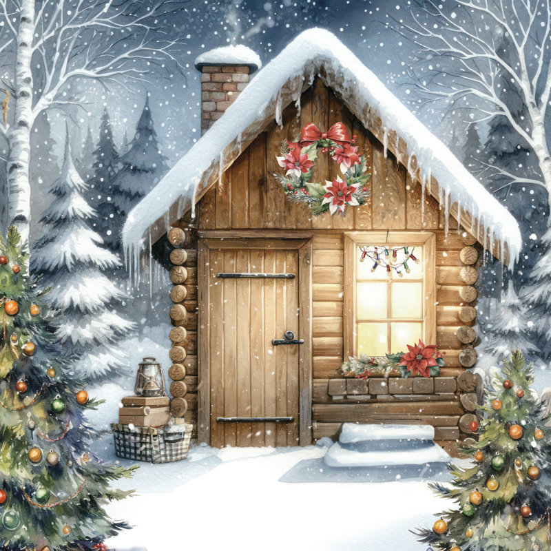 Cabane de Noël par Nicole DeCamp, H 12 po x l 12 po, Impression sur papier argenté avec passe-partout