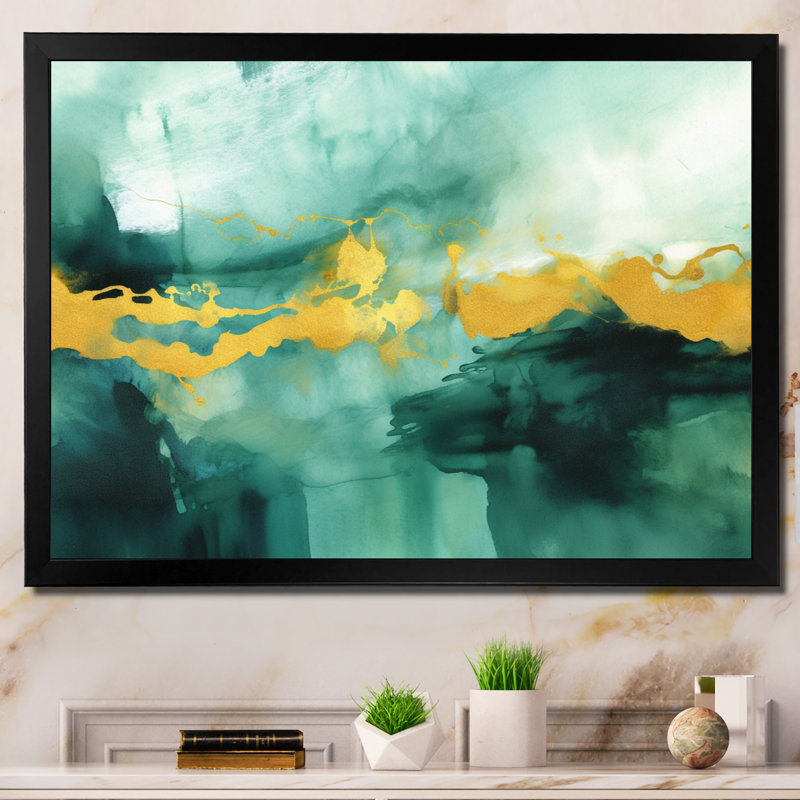 Impression d'aquarelle bleue avec or I - reproduction, H 20 po x l 12 po x P 1 po, Cadre simple noir