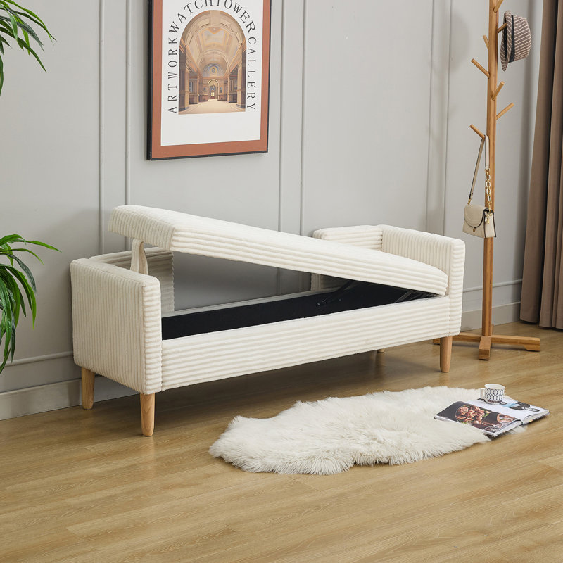 65.35"Wide Upholstered Flip-top Storage Accent Bed Bench, Corduroy Footrest Ottoman with Armrests&Backrest&2 Bolster Pillows Wood Legs