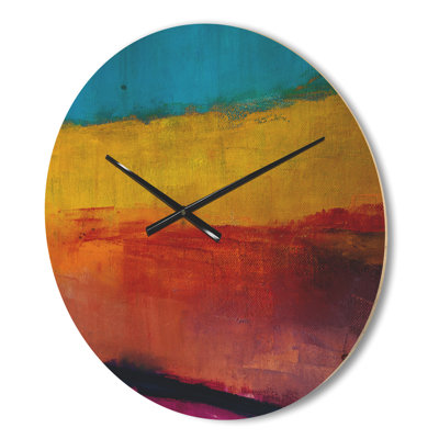 Jaune, bleu, orange, peinture abstraite, horloge murale moderne en bois
