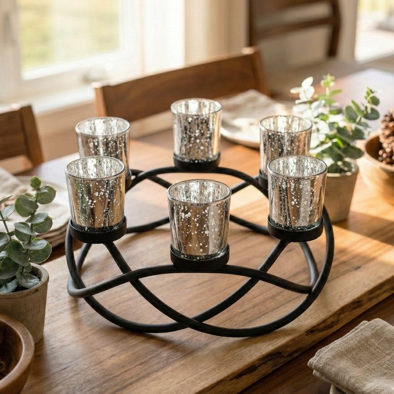 Round Table Votive Candle Holder Centerpiece, Black/Silver