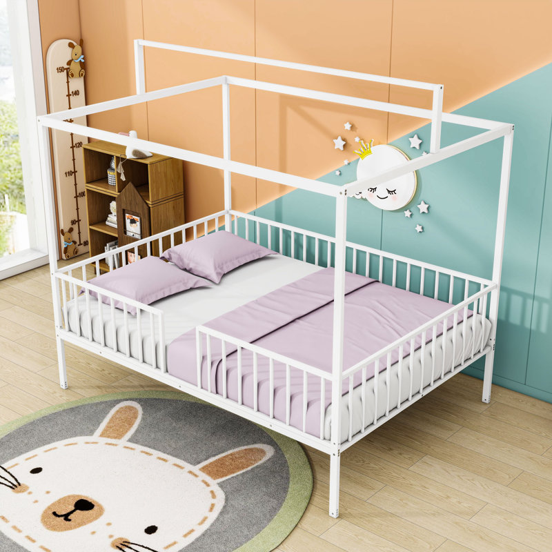 Metal Bed Frame With Fence, Full, White