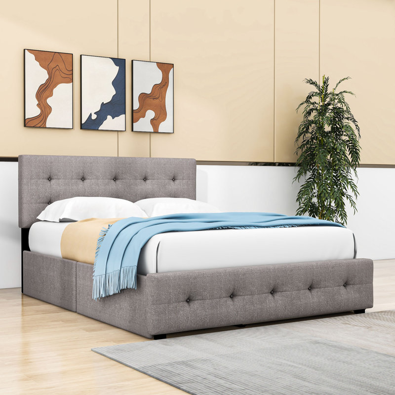 Grand lit plateforme tapissier à 2 tiroirs Carlitha avec lit gigogne simple TG, Gris clair