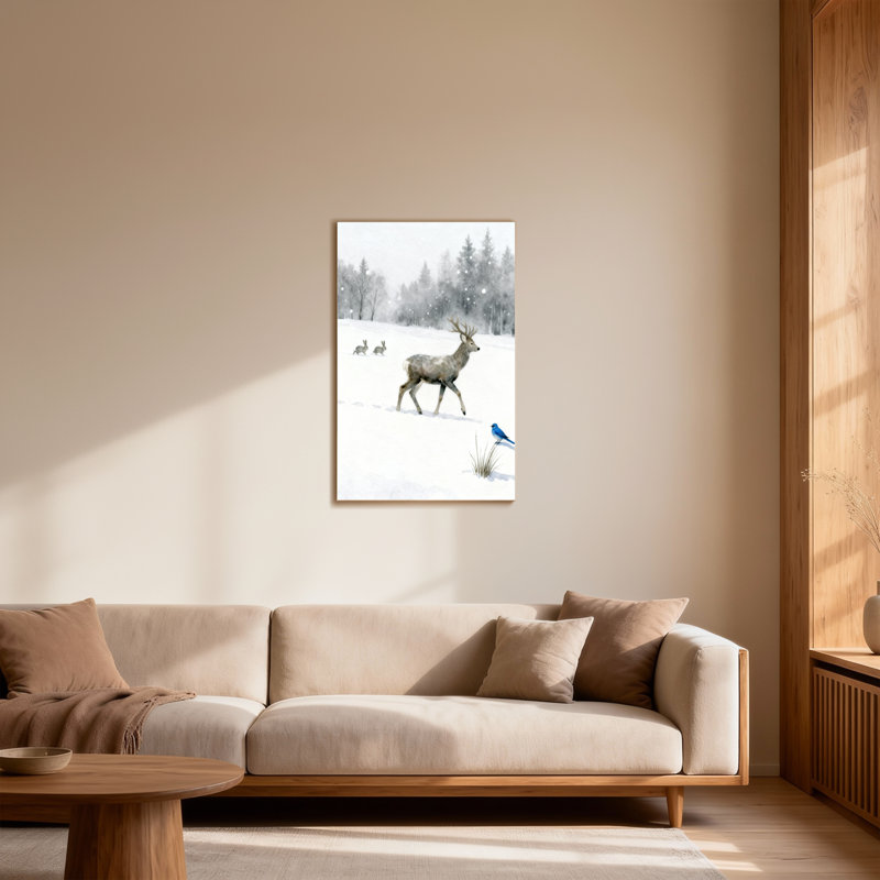 Animals Winter Deer Rabbit Bird Snowscape Forest, 48" H x 32" W