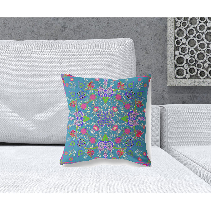 Coussin 18 po x 18 po, H 16 po x l 16 po, Motif floral bleu / vert, Carré