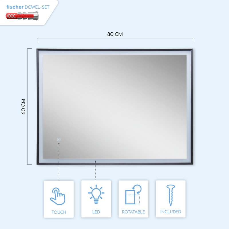 Thekla Lighted Metal Framed Wall Mounted Bathroom Mirror in Black, 60cm H x 80cm W