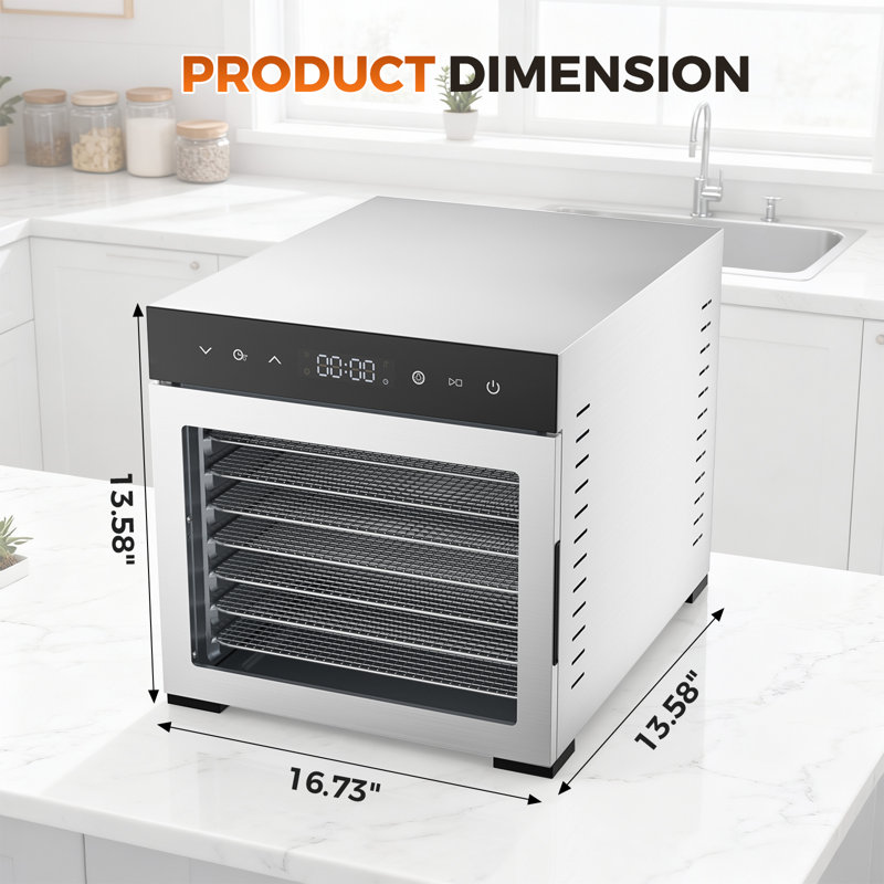 Déshydrateur numérique à 8 plateaux avec flux d'air horizontal, panneau tactile à DEL et plateaux lavables au lave-vaisselle
