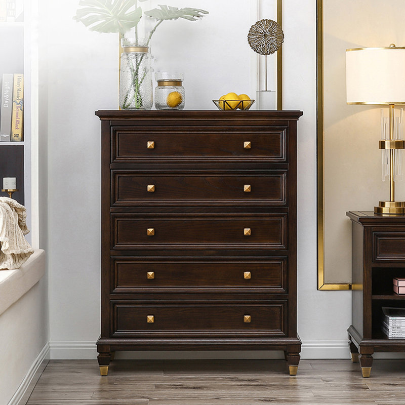 Solid Wood 5-Drawer Dresser Vintage Gold Accents