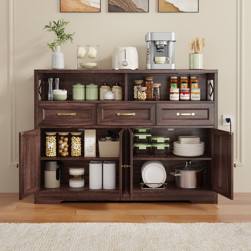 Buffet de ferme en bois massif avec port de charge, rangement réglable, 3 tiroirs et 4 portes, Marron foncé