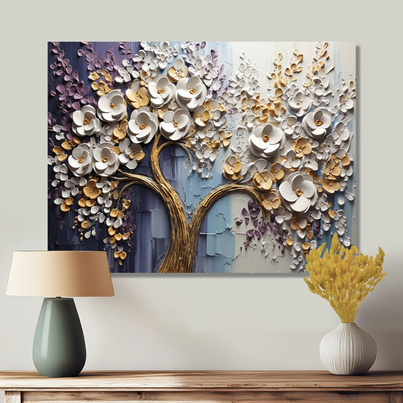 Arbre en fleurs avec fleurs blanches II, H 30 po x l 40 po, Toile tendue