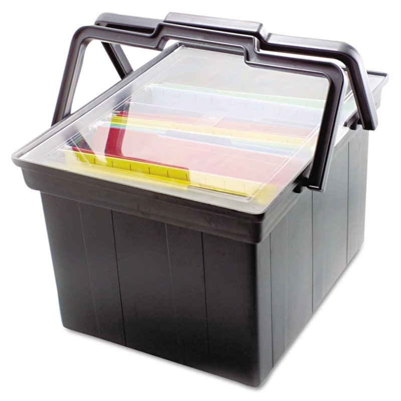 Black Portable Plastic File Box with Hinged Lid and Handles