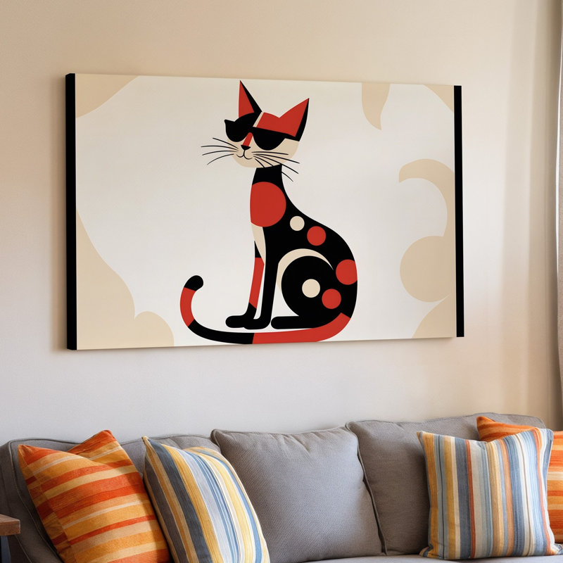"Toile", une œuvre d'art stylisée cubiste mettant en vedette un chat assis, art mural composé de formes géométriques et de couleurs vives