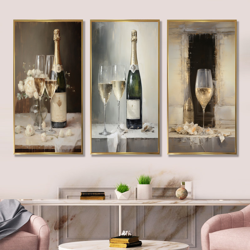 Leurre Legacys champagne et verre, Cadre flottant doré, H 40 po x l 60 po