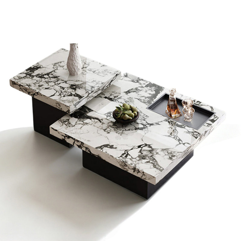 Ensemble de tables basses carrées en bois massif gris + pierre + acier au carbone, 19.69" H x 80.71" W x 47.24" D