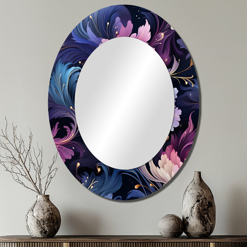 Astral bleu mauve damassé Radiance - miroir mural bohémien, 40 po x 30 po, Ovale