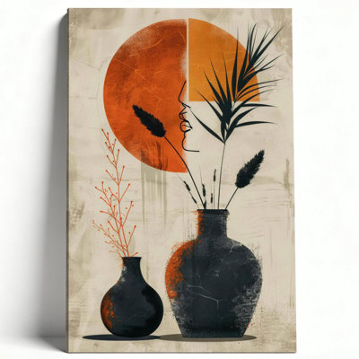 Mid-Century Terracotta Sun and Ceramic Vases Canvas Wall Art Boho Minimalist Line Face Graphic Print